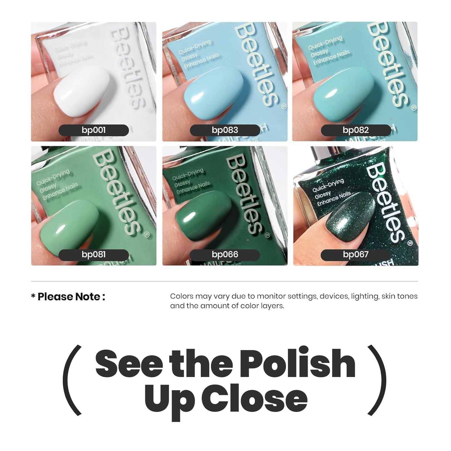 Beetles Green Nail Polish Set P181, 6 Colors Blue White Nail Polish Set, Green Collection Quick Dry Long Lasting Manicure Patricks Day DIY Nail Art Salon Home Gift For Women