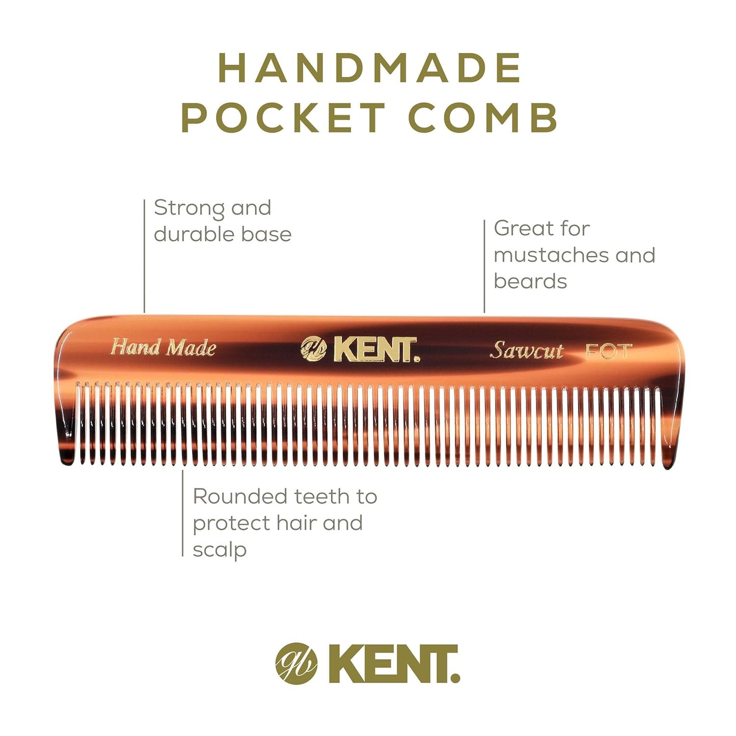 Kent A FOT Tortoiseshell Fine Tooth Handmade Pocket Comb for Men, Women and Kids, Hair Comb Straightener for Grooming and Styling, Beard and Mustache, Saw Cut and Hand Polished, Made in England