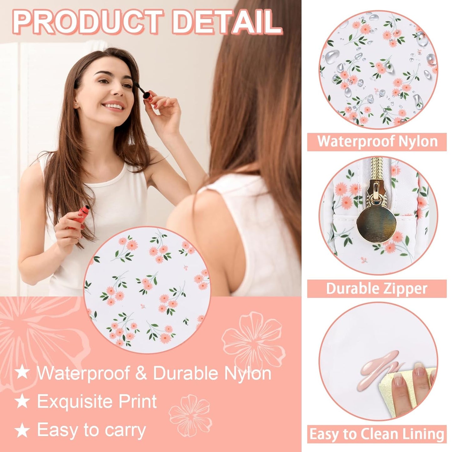 Waterproof Small Floral Makeup Bag Pouch for Purse,Nylon Flower Cosmetic Bag Preppy Travel Toiletry Storage Bag for Women Girl,Cute Makeup Organizer Bag Skincare Bag with Zipper(Small White-Flowers)