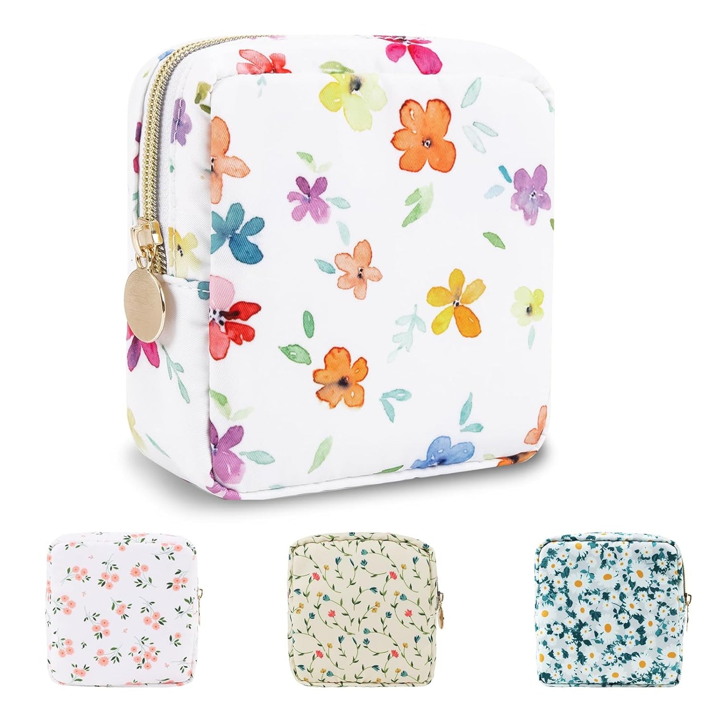 Waterproof Mini Floral Makeup Bag Pouch for Purse,Nylon Flower Cosmetic Travel Bag Small Preppy Toiletry Organizers for Women Girl,Cute Zipper Pouch Coin Purse for Work(Mini Colorful-Flowers)
