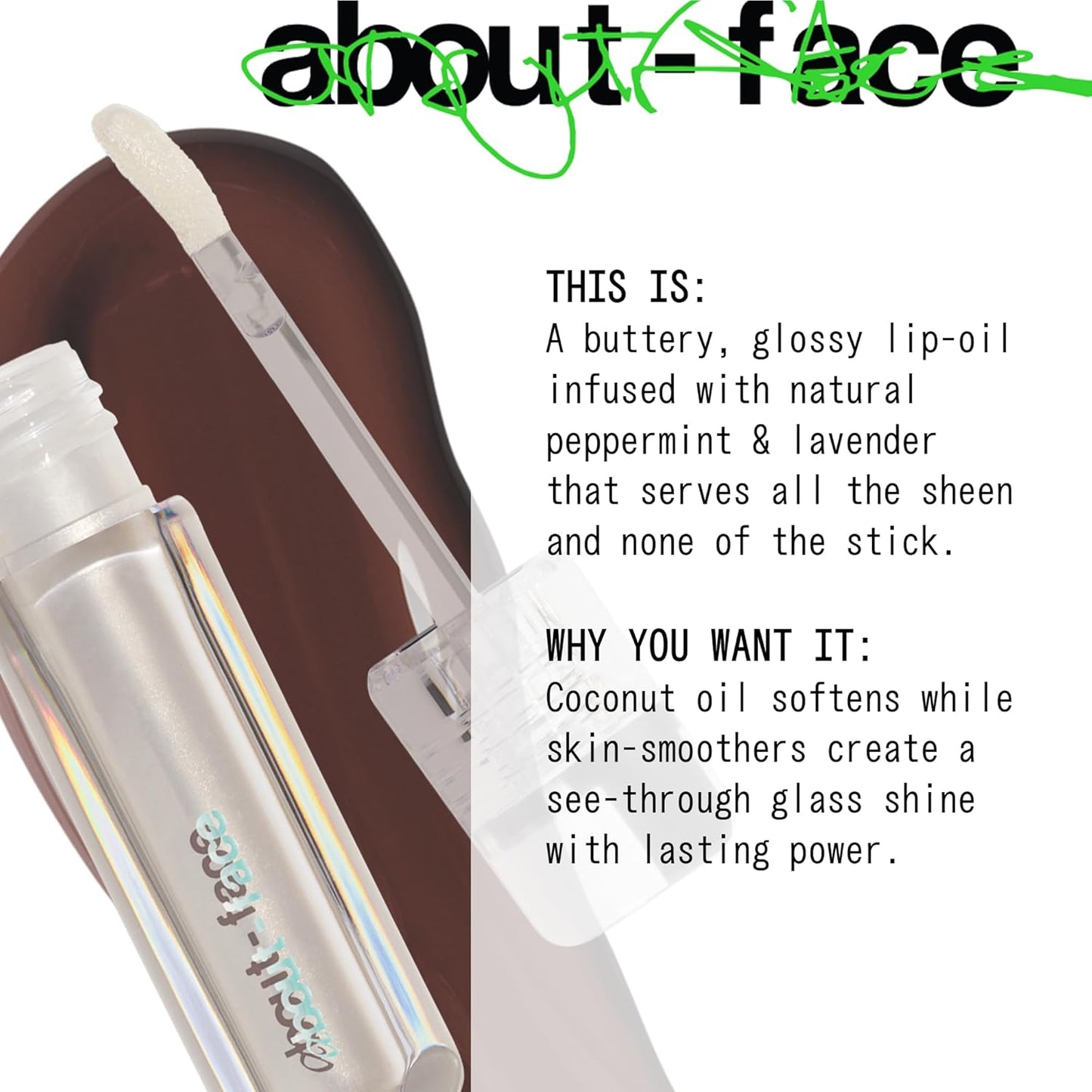 about-face Light Lock Lip Gloss Scorcher – Non-Sticky, High-Shine Lip Oil Gloss with Coconut Oil, Peppermint & Lavender – Vegan, Cruelty-Free, Clean Beauty – 0.21 oz (Cinnamon)