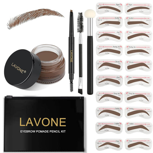 LAVONE Eyebrow Stamp Stencil Kit - Brow Stamp Trio with Waterproof Pencil, Pomade, 20 Stencils, Dual-ended Brush and Sponge Applicator - Brunette
