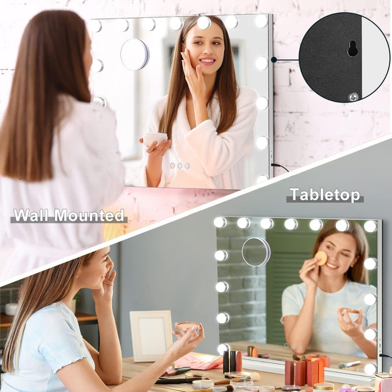 HIEEY Vanity Mirror with Lights, Hollywood Lighted Mirror with 15 Dimmable LED Bulbs, Makeup Mirror with Lights, and 5X Magnification Mirror, 3 Colors Modes,Touch Control, Metal Frame,White