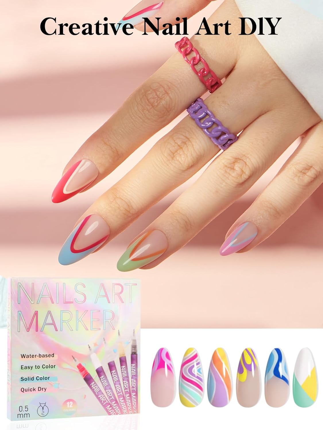 12 Colors 3D Nail Art Pens, Fine Tips 0.5 MM Nail Polish Pens Quick-Drying EBANKU Acrylic Nail Paint Point Dotting Liner Pen Tools for Home & Salon Manicure DIY