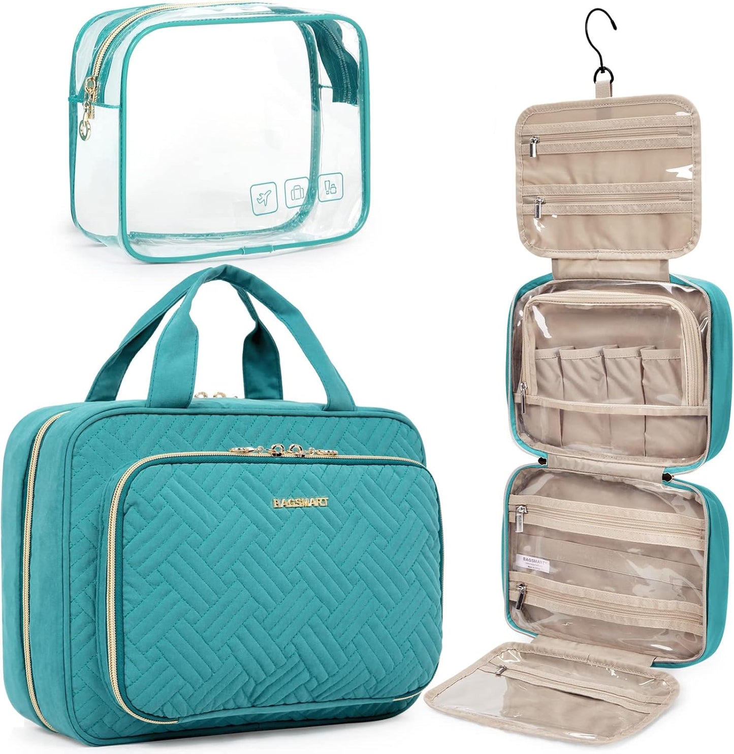 BAGSMART Toiletry Bag Hanging Travel Makeup Organizer with TSA Approved Transparent Cosmetic Bag Makeup Bag for Full Sized Toiletries, Large-Blue