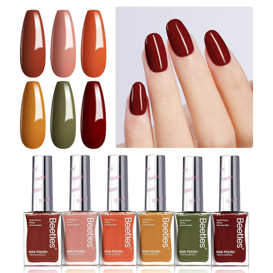 Beetles Fall Nail Polish Set P180, 6 Color Red Yellow Green Quick Air Dry Nail Polish, Natural Nail Lacquer Manicure DIY Nail Art Salon Gift For Women