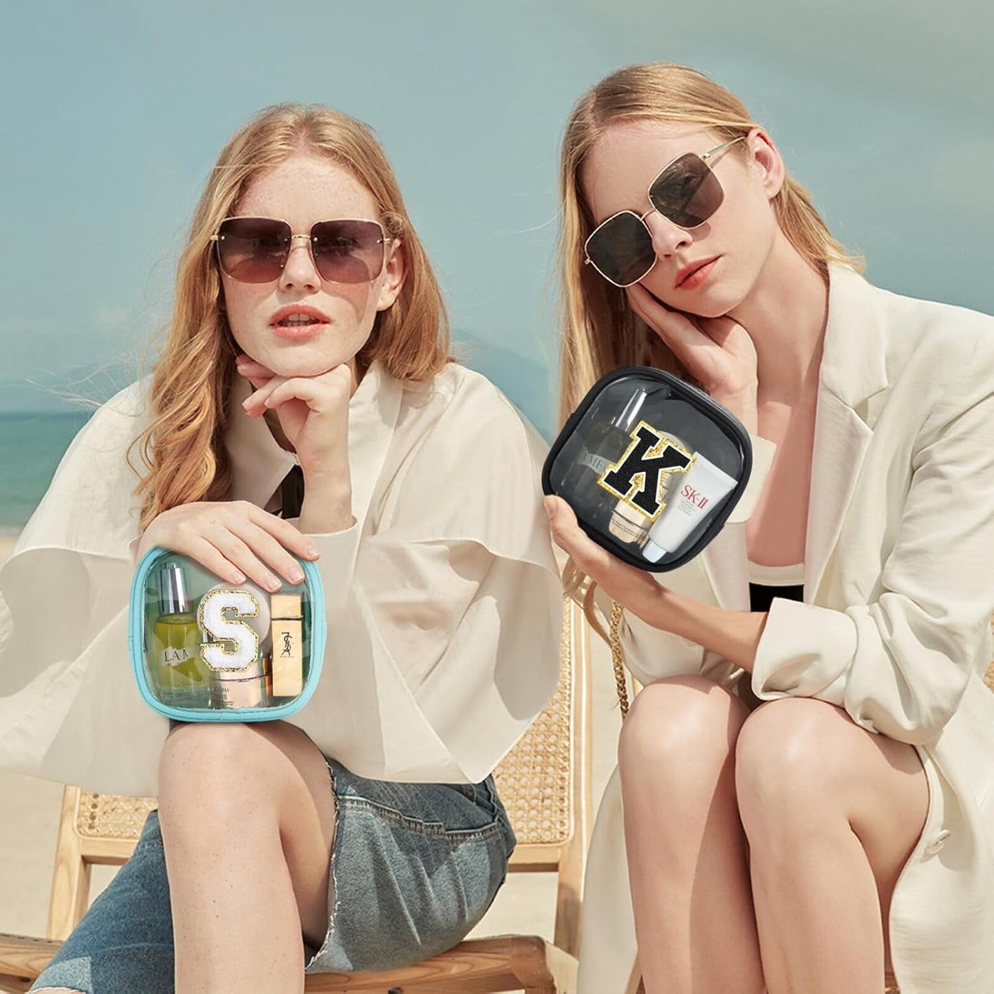 YOOLIFE Initial Make Up Bag Travel Toiletry Bag, Clear Makeup Bag Preppy Cosmetic Bags Organizer Travel Essentials Gifts for Women Teen Girlfriend Teacher Mom Birthday Gifts Mini Blue C