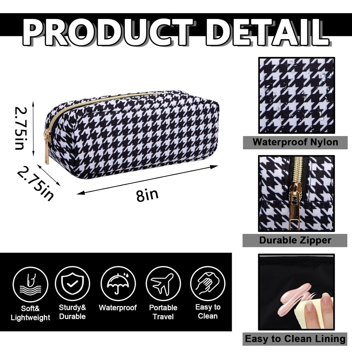 Small Pencil Case Makeup Bag for Purse, Cute Pencil Pouch Nylon Preppy Houndstooth Makeup Brush Bag with Zipper, Girl Portable Stationery Storage Case Small Pen Bag for Office School(Slim-Houndstooth)