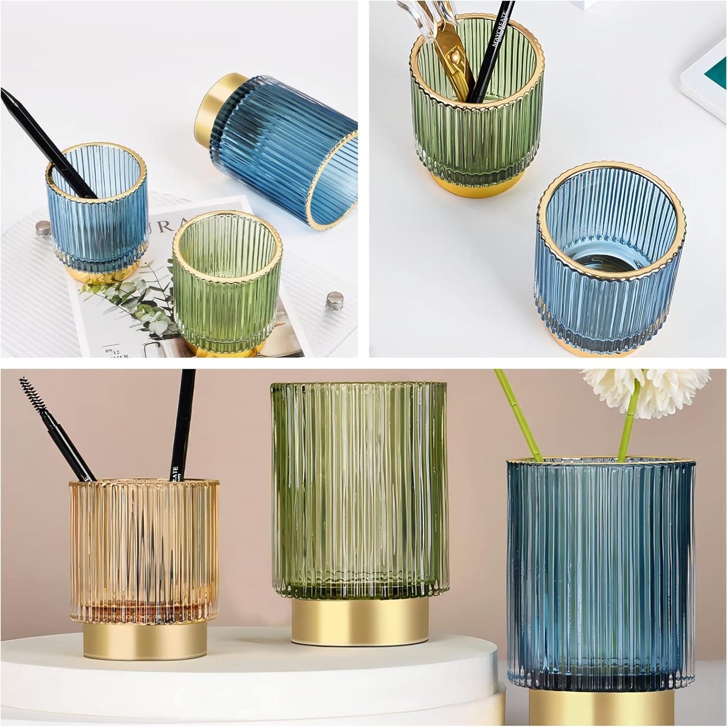 DASITON Makeup Brush holder Organizer,Crystal Cosmetic Makeup Brush Glass Brushes Storage Holder, Vintage Make Up Brush Cup Pen Pencil Holder striped vase(Blue S+L)