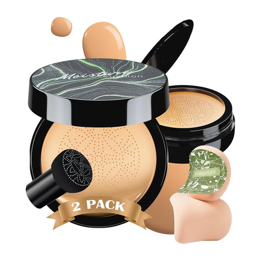 2 PCS Mushroom Head Air Cushion CC Cream - Long-Lasting Brightening BB Cream Foundation With Powder Puff for Face Makeup and Mature Skin (Buff Beige