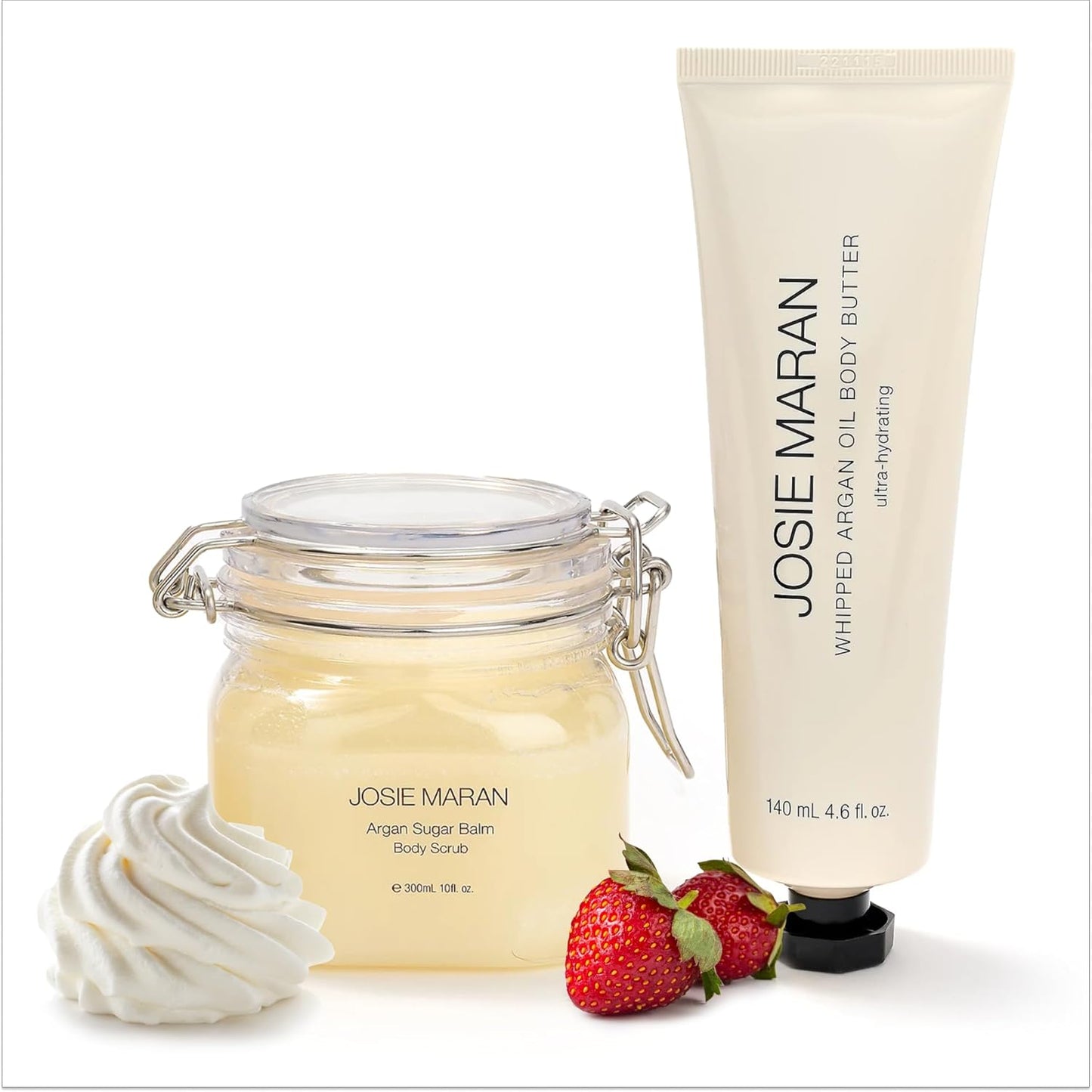 Josie Maran Bod Squad Body Care Set - Includes Argan Sugar Scrub & Body Butter - Nourishes Skin with Gentle Exfoliation and Intense Hydration - Strawberries and Whipped Cream (2 Count)