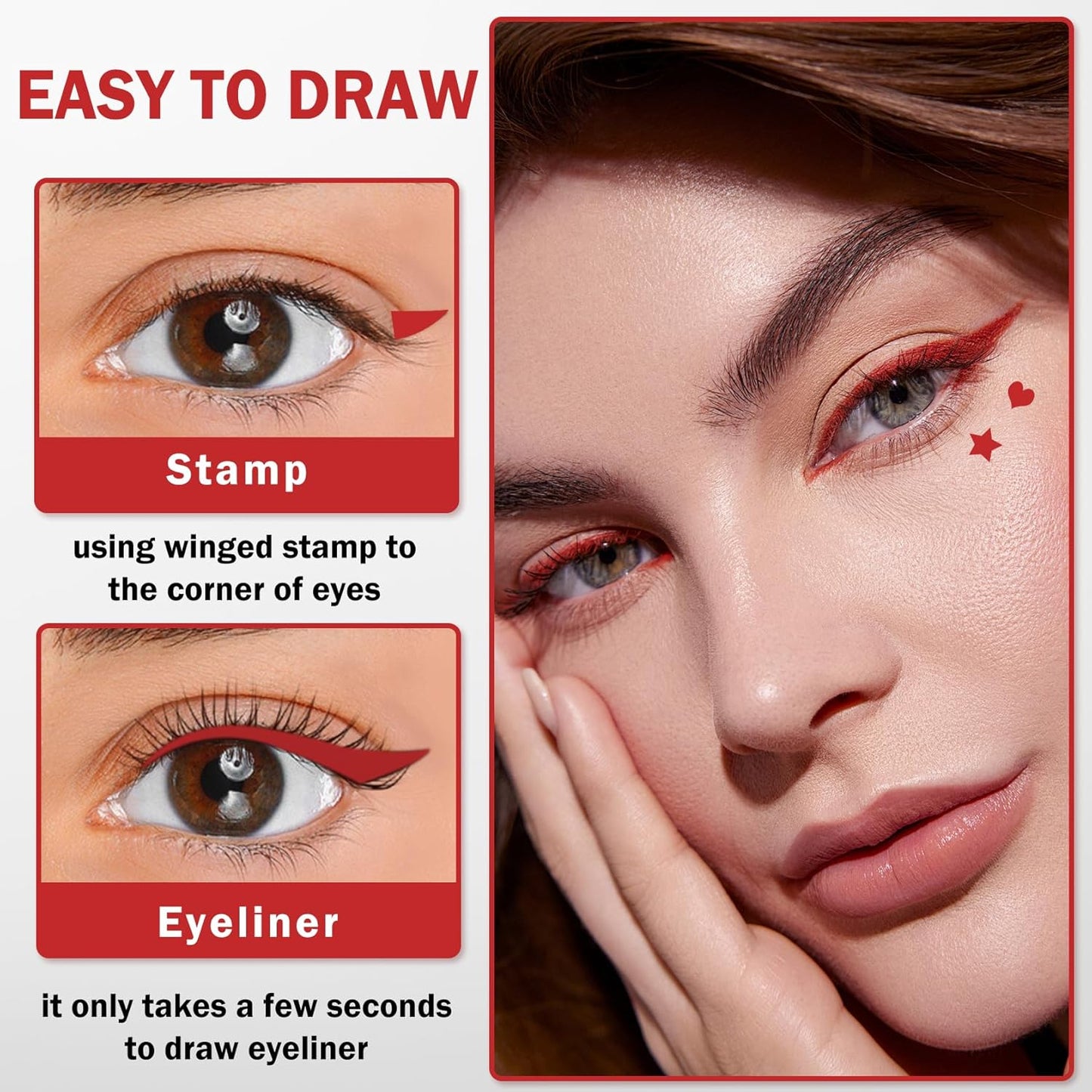 2PCS Double-headed Eyeliner Stamp Pencil Black and Red Liquid Winged Eyeliner Stamp Pen Waterproof Smudgeproof Eye Liner Stamp for Eye Makeup(Star)