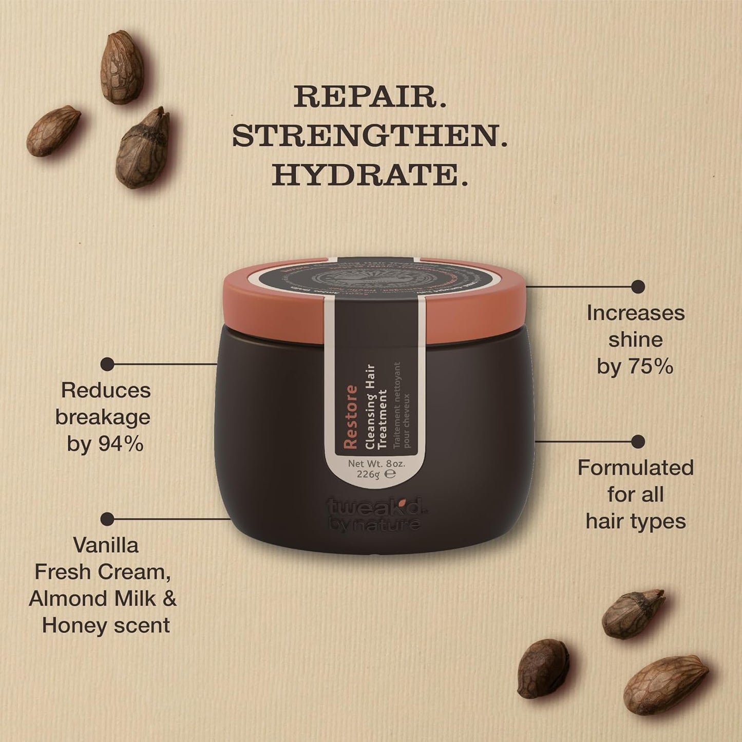 Tweak’d by Nature - Restore Cleansing Damaged Hair Treatment, Sulfate Free Conditioner for Damaged Dry Hair, Shampoo, Detangler, and Intensive Hydrating Solution and Shine Serum (8oz)