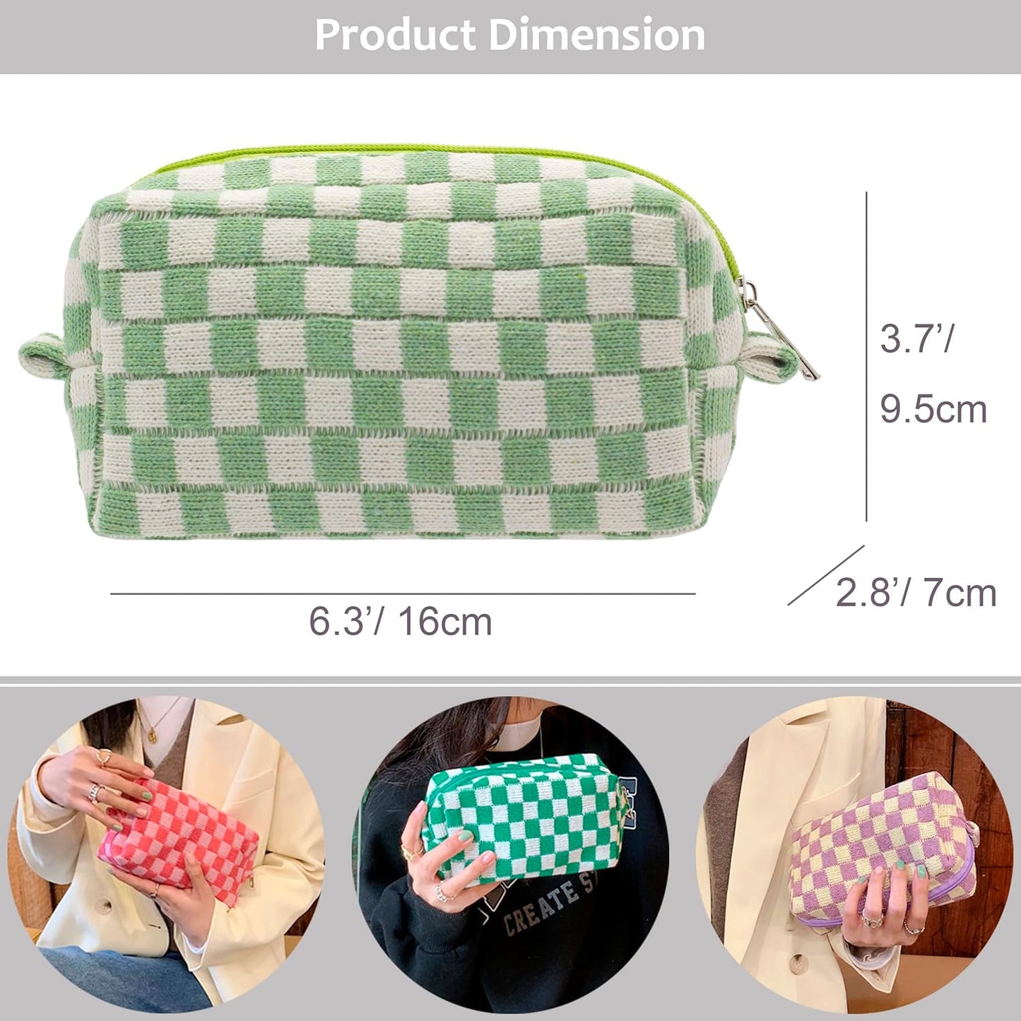 PAZIMIIK Checkered Makeup Bag for Purse Portable Zipper Make Up Pouch Small Cosmetic Case for Travel Accessories (Light Green)