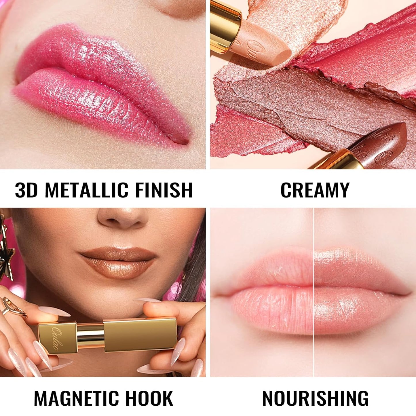 Oulac Glitter Gold Lipstick for Women with Metallic 3D Shine Lightweight Hydrating Formula, High Impact Lip Color, Vegan Beauty, Full Coverage Lip Makeup, Christmas Gifts for Women, Celebration(18)