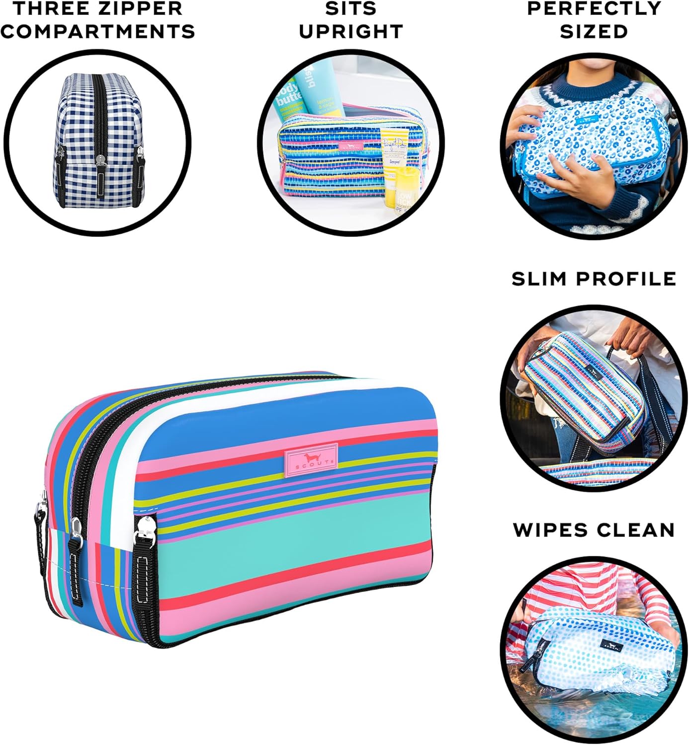 SCOUT 3-Way Toiletry Bag - Travel Makeup Pouch for Women with Three Zipper Compartments - Stands Upright, Wipes Clean