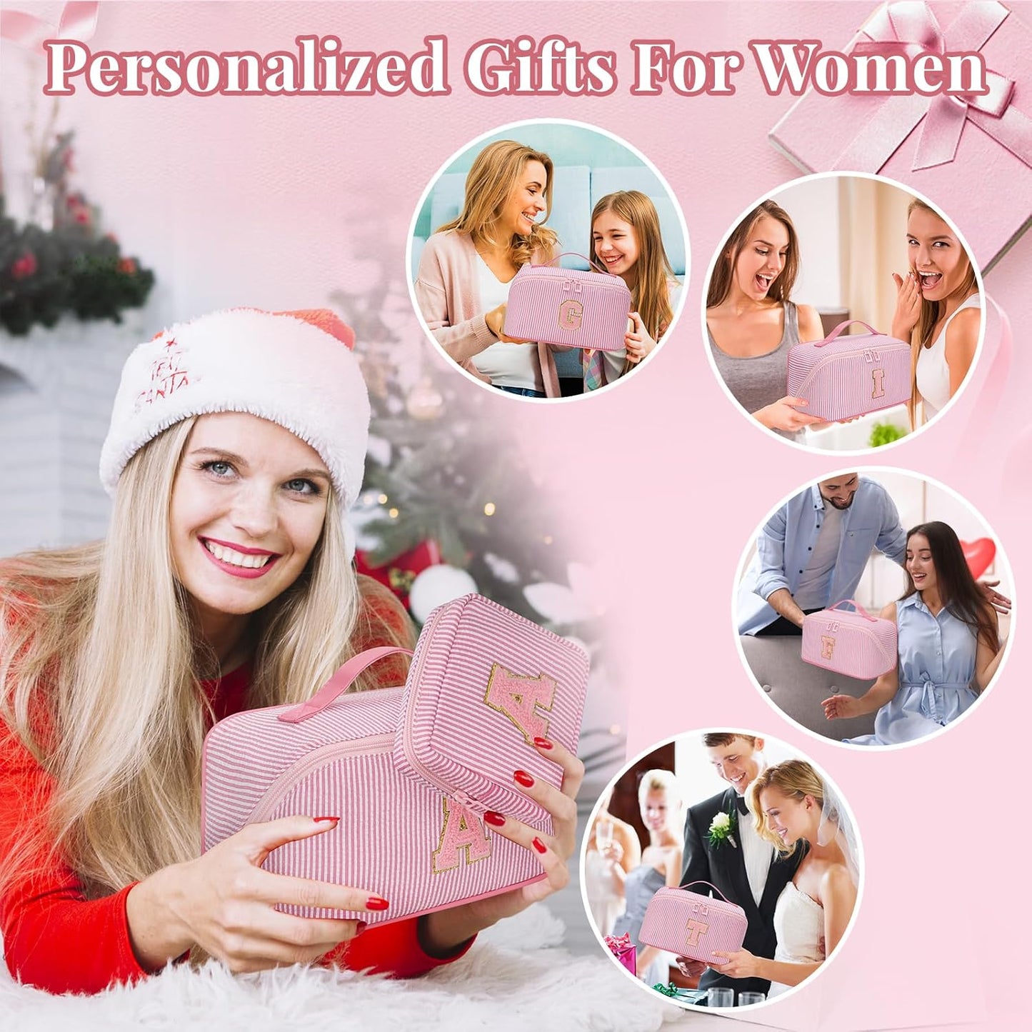 Travel Makeup Bag for Women, 2Pcs Portable Personalized Initial Makeup Organizer Bag, Open Flat Large Cosmetic Bag With Travel Essential Pouch (Pink Letter M)