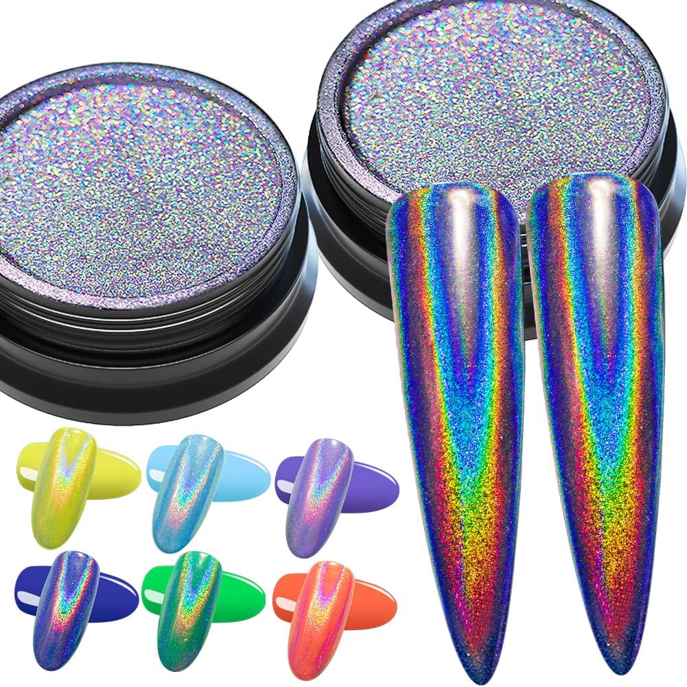 2 Jars Holographic Nail Powder Fine Rainbow Holo Mermaid Unicorn Mirror Laser Effect Multi Chrome Manicure Pigment Glitter Dust + 6PCS Sponge Tools for Salon Home Nail Art DIY Decroration