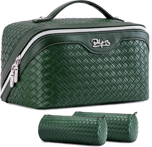 BOYATU Travel Makeup Bag Cosmetic Bags for Women: Large Capacity 3 Pcs Set Make up Bag with Compartments - Waterproof Vegan Leather Toiletry Organizer Bags with Handle - Travel Essentials(L06 Olive)