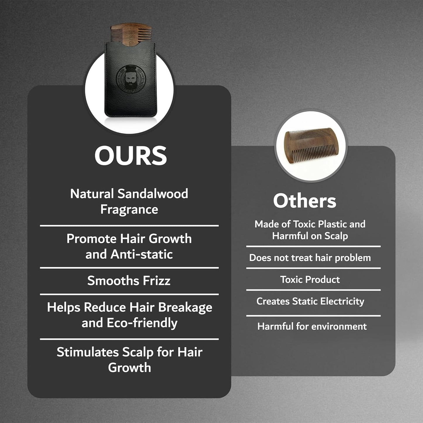 Beard Comb for Men, Natural Sandalwood Dual Action Fine Tooth Comb, Handmade Premium Wood, Fine and Coarse Teeth, Perfect for Balms and Oils