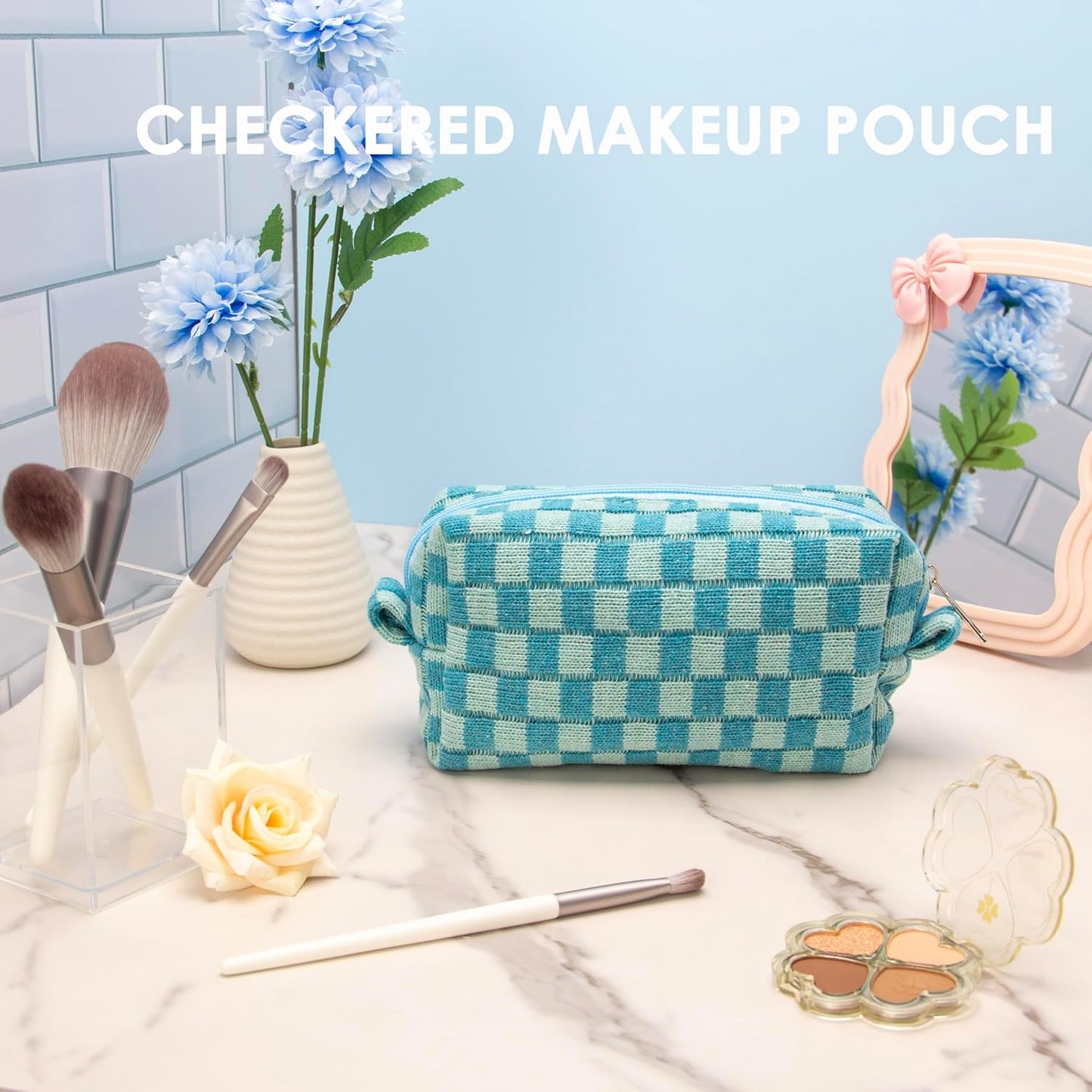 PAZIMIIK Checkered Makeup Bag for Purse Portable Zipper Make Up Pouch Small Cosmetic Case for Travel Accessories Lake Blue