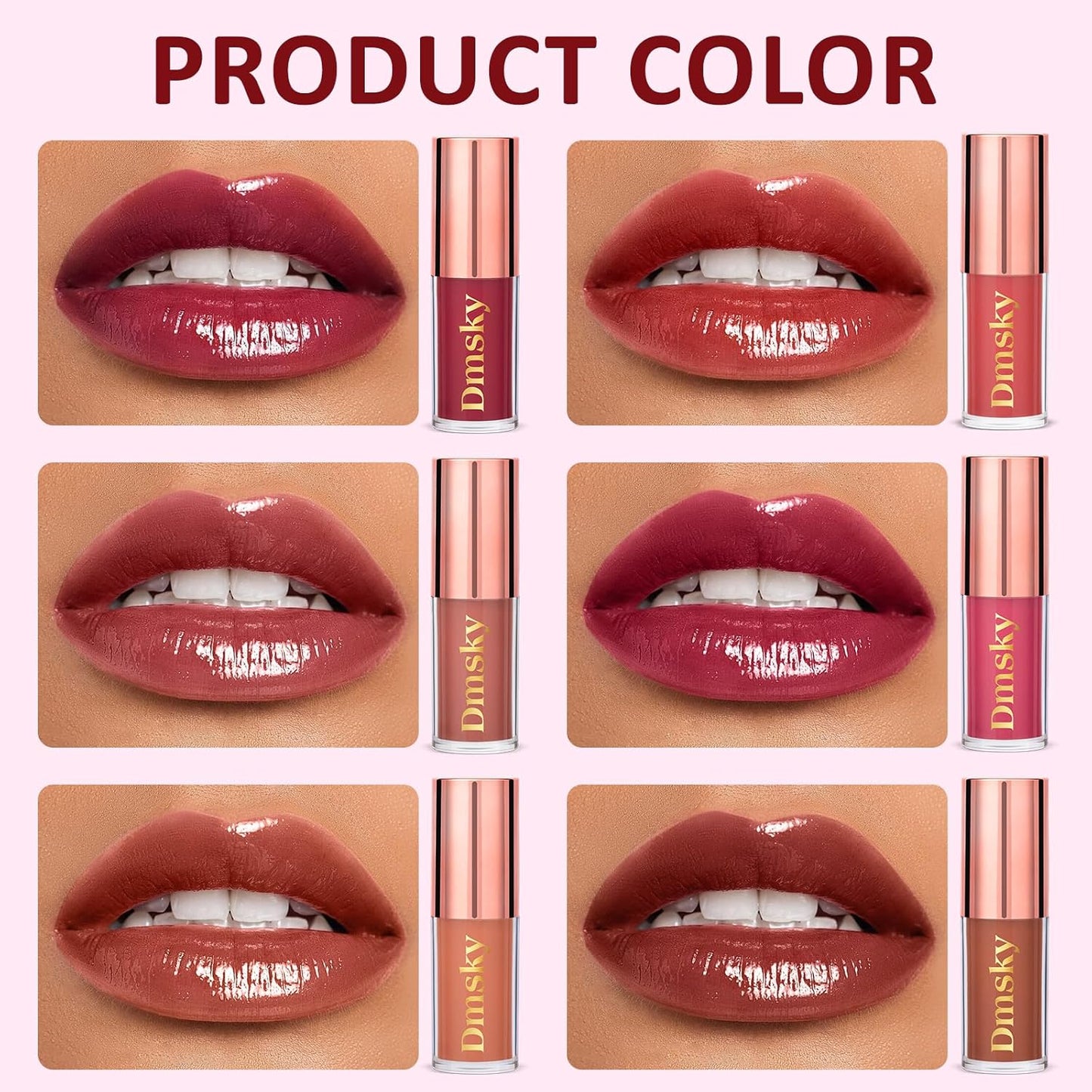 Dmsky Hydrating Glossy Lip Stain 6 Pack, Long-Lasting Lip Gloss Bulk Set, Lightweight Lip Tint with 6 Colors, Lip Gloss for Women and Girls Makeup