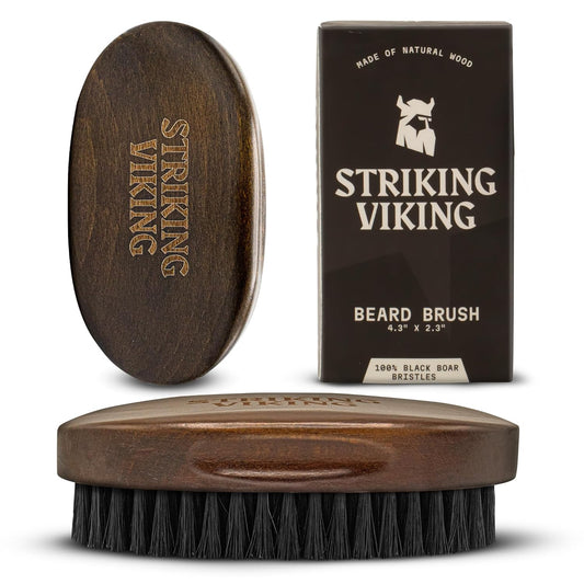 Striking Viking Beard Brush for Men - 4.3-Inch Beech Wood Handle, Brown - Boar Bristle Beard Brush, Travel Size Detangler & Static Reducer