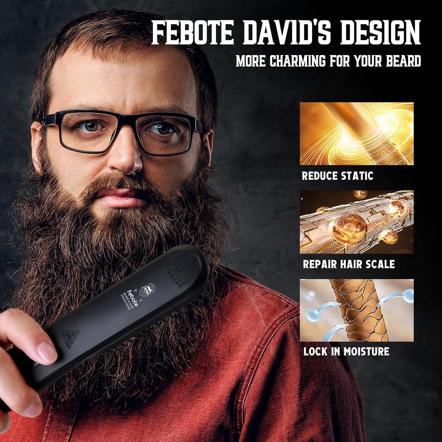 Heated Ionic Hair Straightening Brush for Men - 5 Temperature Settings, Anti-Scald, Beard Shaper & Travel Bag