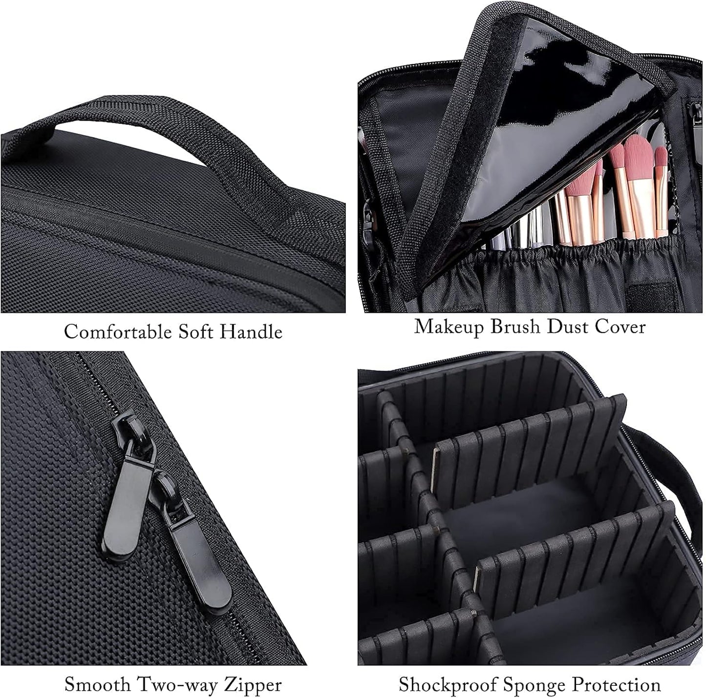 JOURMON Travel Makeup Bag, Large Capacity Cosmetic Train Case for Women Portable Pouch Open Flat Artist Brushes Toiletry Jewelry Digital Organizer Storage Bag with Adjustable Dividers (Black,S)