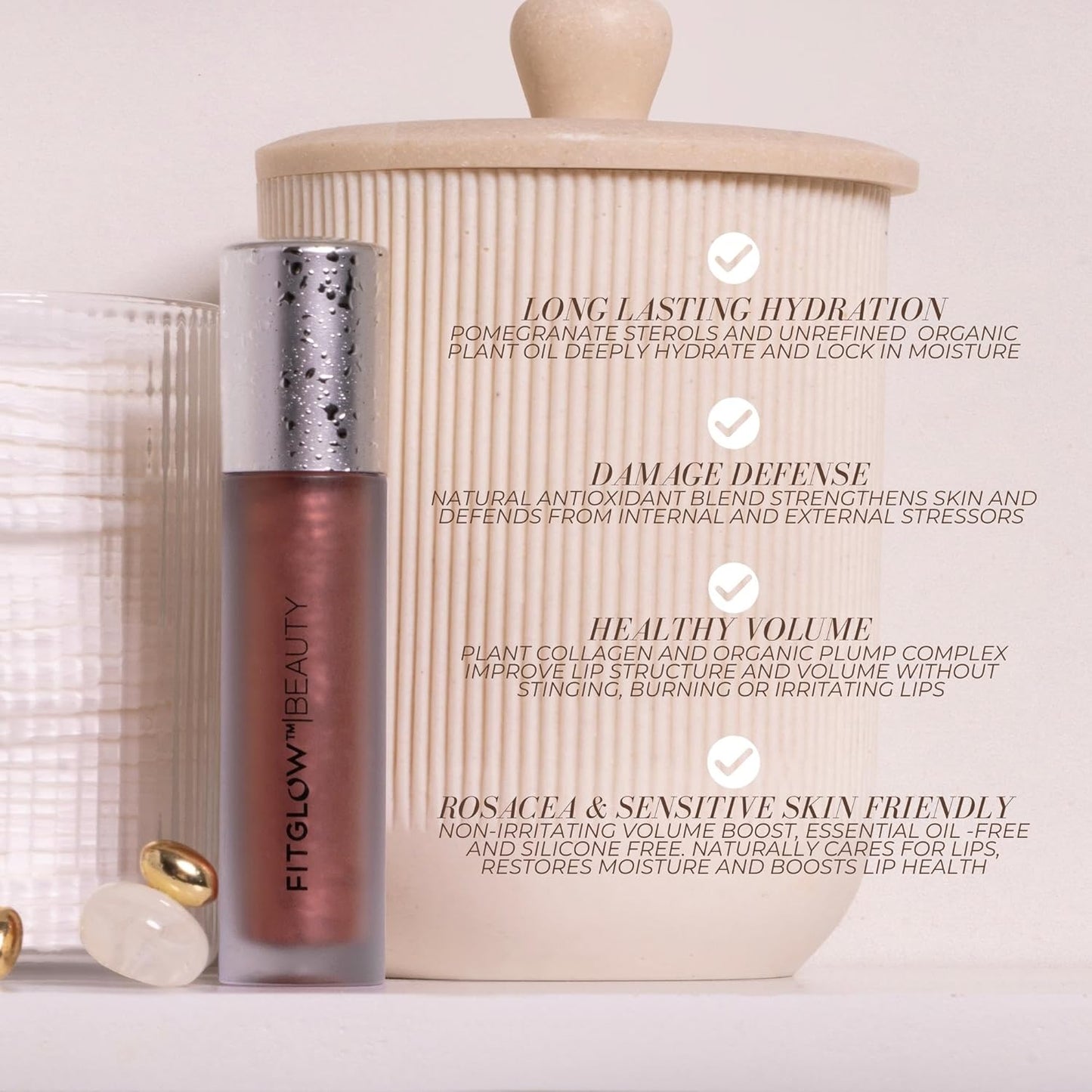 FITGLOW Beauty Lip Colour Serum | Hydrating Lip Gloss | Plumping Anti-Aging Lip Treatment | Natural Shine with Pomegranate Sterols & Collagen | Buildable Color for Dry Chapped Lips | Beach Glow - 10g