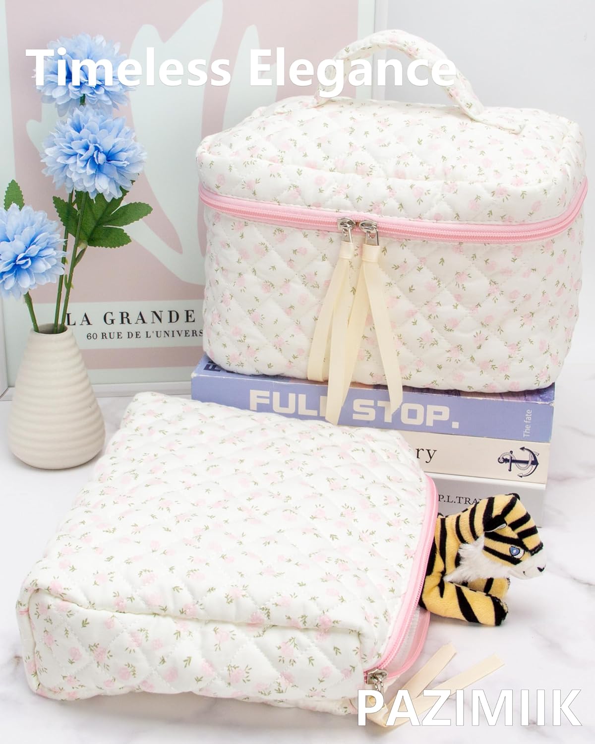 Quilted Makeup Bag Large Travel Zipper Soft Cosmetic Pouch for Women Girls Make Up,Little Flower Pink