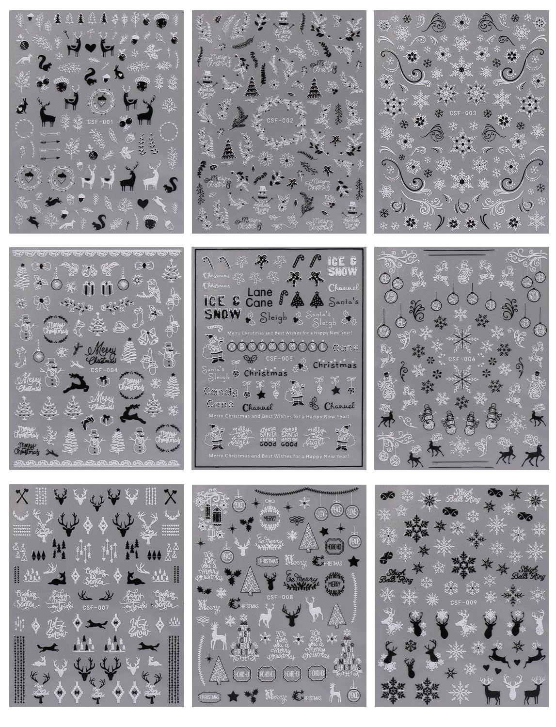 JMEOWIO 9 Sheets Christmas Glitter Nail Art Stickers Decals Self-Adhesive White Black Nail Supplies Nail Art Design Decoration Accessories