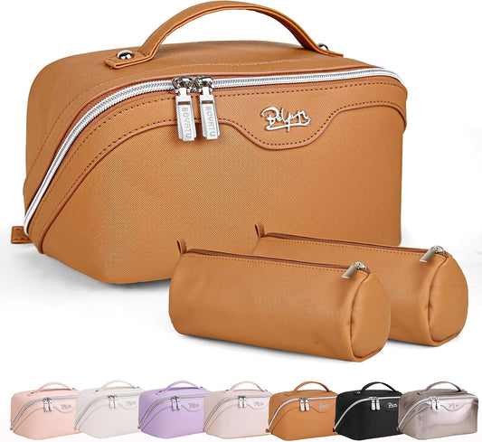 BOYATU Travel Makeup Bags for Women: Vegan Leather Cosmetic Bag Set of 3 - Large Capacity Make up Bag with Divider - Wide Open Waterproof Toiletry Organizer Bag with Handle (05-Brown)