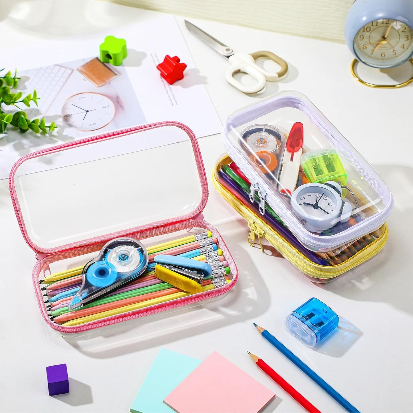 Sanwuta 6 Pcs Clear Hard Zipper Case Pencil Pouches Hard Plastic Zipper Pouches Makeup Bag Transparent Cases for Snacks Plastic Storage Organizer Box for Travel(Colorful,7.48 x 3.94 x 2 Inch)