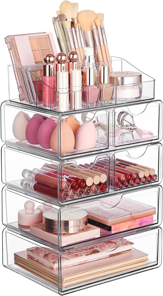Vtopmart 5 Tier Clear Makeup Organizer with Drawer, Cosmetic Storage for Dresser Countertop and Bathroom Vanity, Beauty Holder for Lipstick Brush Skincare