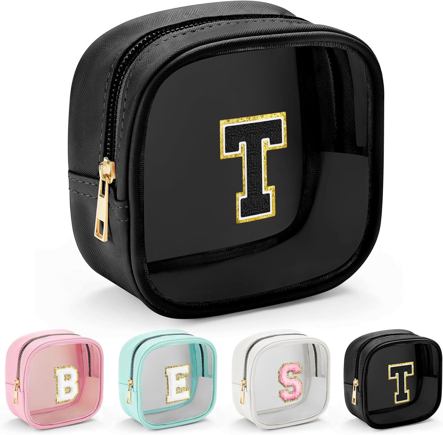 YOOLIFE Initial Makeup Bag Travel Toiletry Bag, Clear Makeup Bag Car Accessories For Women Clear Makeup Bags With Zipper Girlfriend Teacher 10 Year Old Girl Gifts Daughter Girl Gifts Mini Black T
