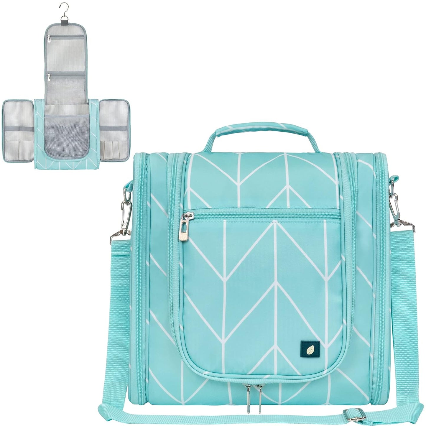 PAVILIA Extra Large Toiletry Bag Travel Bag for Women Men, Hanging Cosmetic Organizer, Water Resistant Makeup Bag for Accessories Toiletries, Travel Essentials Kit (Teal Chevron)