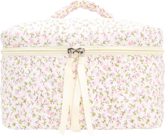 Quilted Makeup Bag Large Travel Zipper Soft Cosmetic Case for Women Girls Make Up,Floral Pink