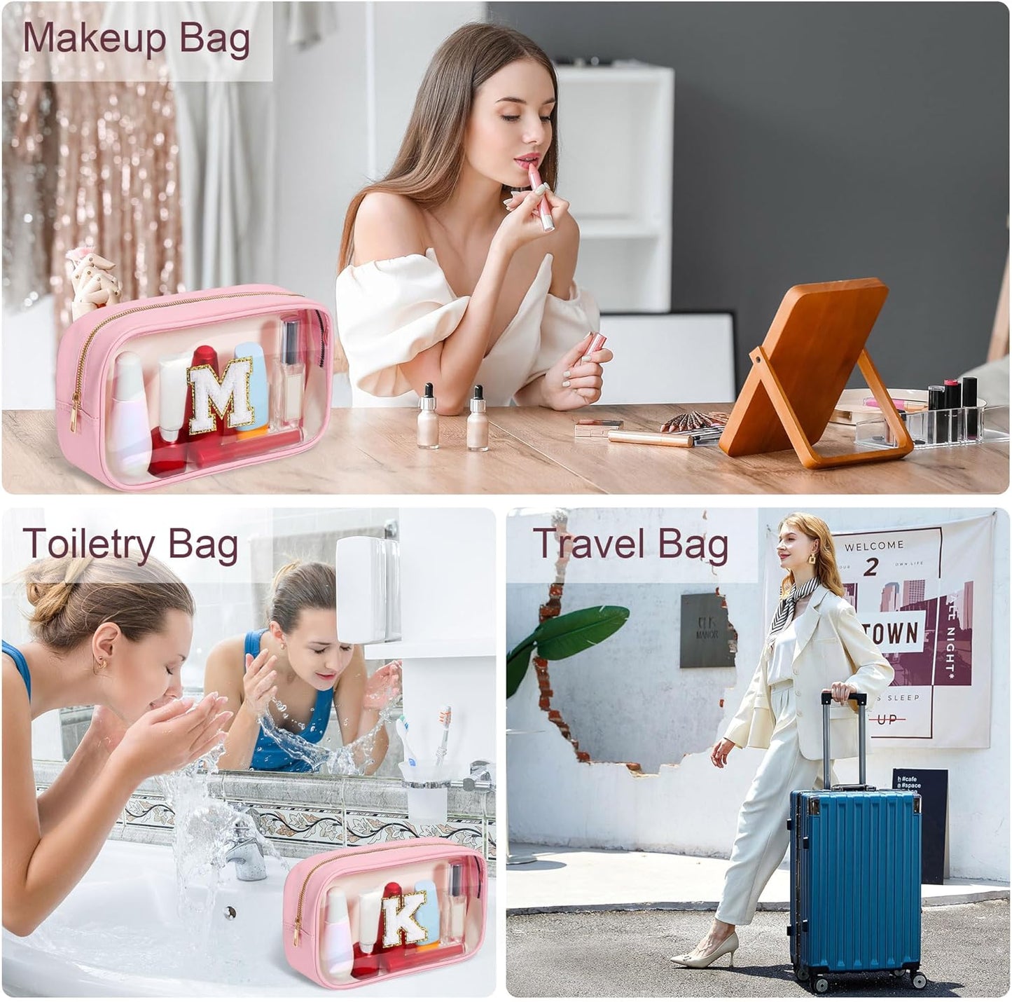 YOOLIFE Travel Toiletry Bag for Women, Pink Clear Makeup Bag Cute Make Up Bag for Women Cosmetic Bags Skin Care Makeup Bag Organizer Birthday Gifts for Women Teacher Mother Girlfriend Initial P