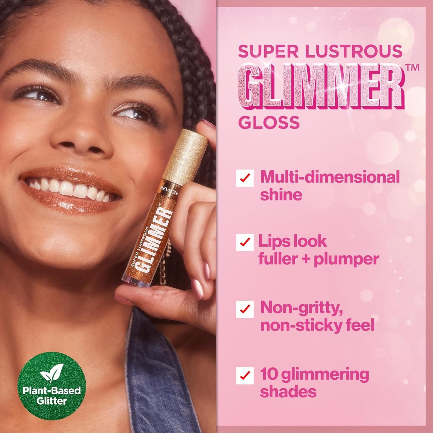 REVLON Super Lustrous Glimmer Gloss, Non-Sticky Lip Gloss, High-Shine Finish, Plant-Based Glitter, 008 Rose Glow, 0.13 fl oz