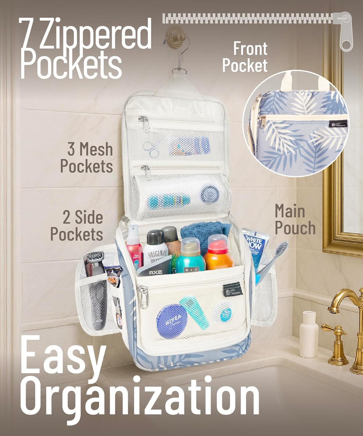 D&D Hanging Travel Toiletry Bag for Men and Women – Large Cosmetics, Makeup and Toiletries Organizer Kit with 10 Compartments, YKK Zippers, XXL Metal Swivel Hook, Water-Resistant Nylon