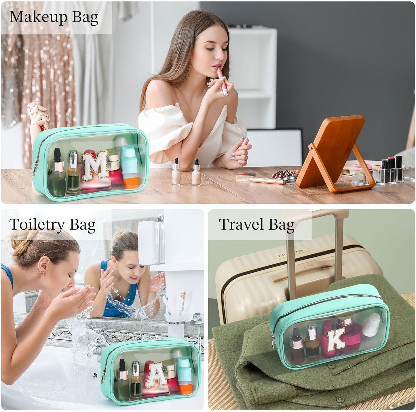 YOOLIFE Initial Make Up Bag Travel Toiletry Bag, Clear Makeup Bag Preppy Cosmetic Bags Organizer Travel Essentials Gifts for Women Teen Girlfriend Teacher Mom Birthday Mothers Day Gifts Blue L