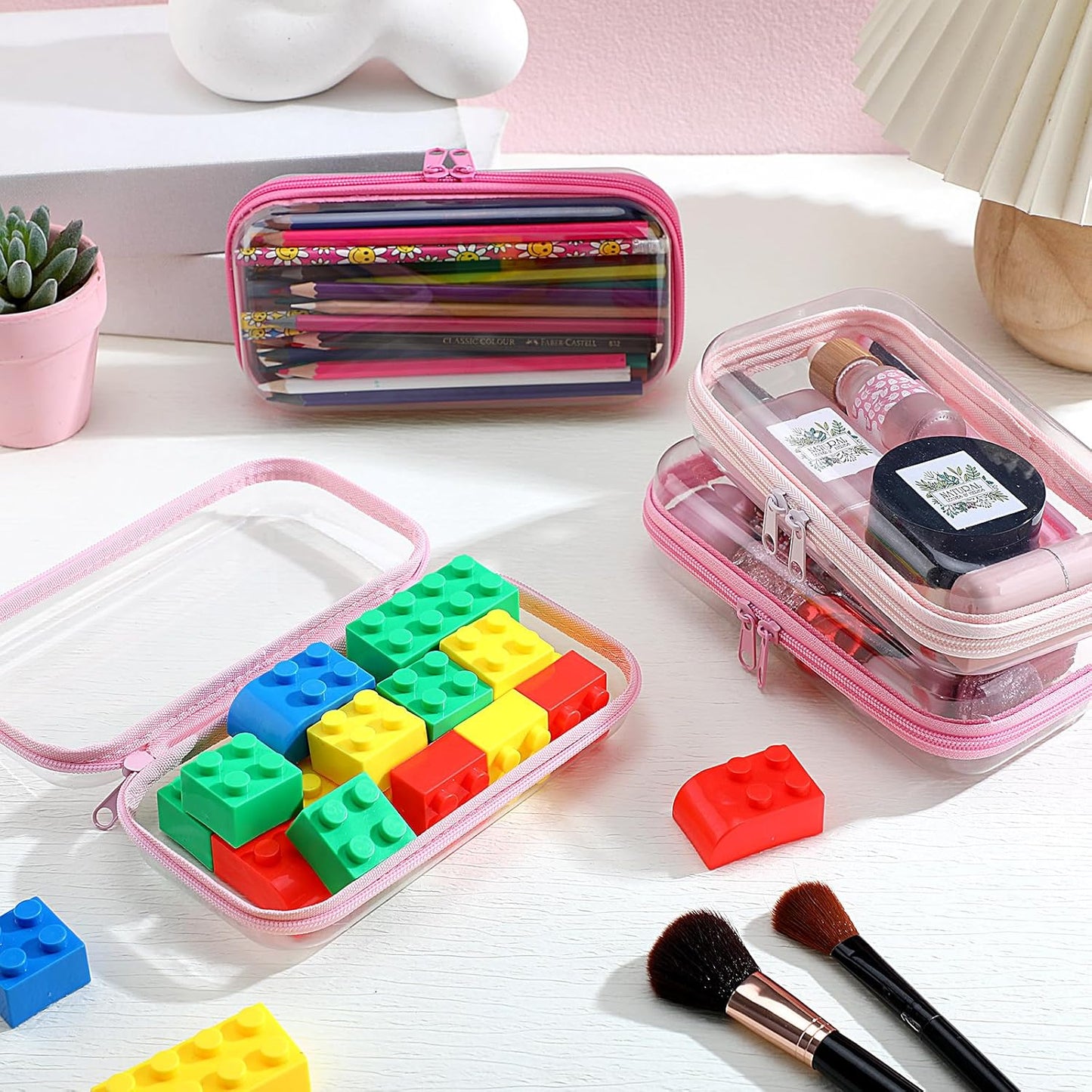 Hoolerry 4 Pcs Hard Clear Zipper Case Makeup Bags Plastic Pencil Pouch Transparent Storage Box Containers for Cosmetics, Snacks, Building Blocks, Puzzles(Pink,7.5 x 3.9 x 2 in)