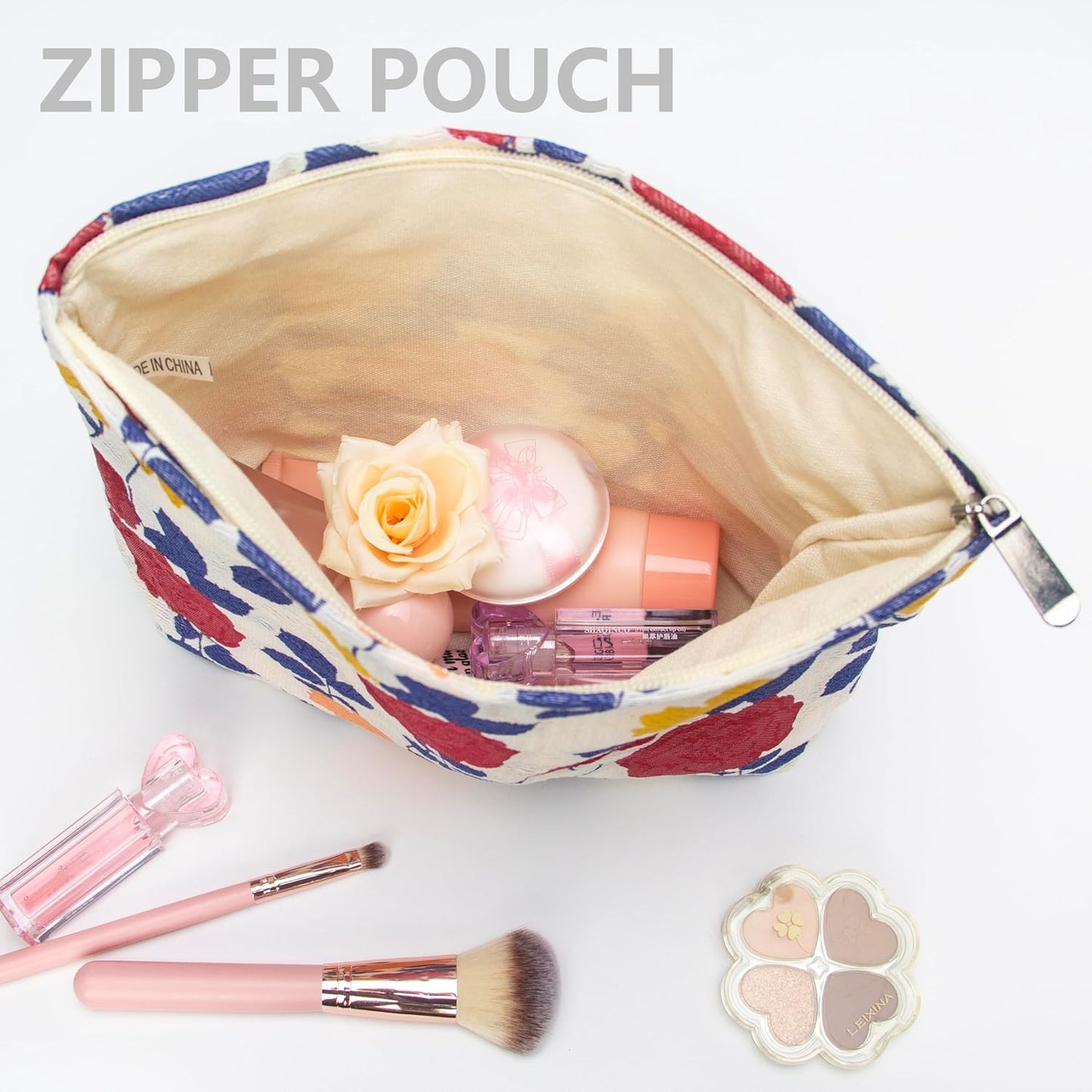 PAZIMIIK Makeup Bag Large Cotton Zipper Pouch for Purse Travel Canvas Make Up Organizer for Women Cosmetic,Rose Beige