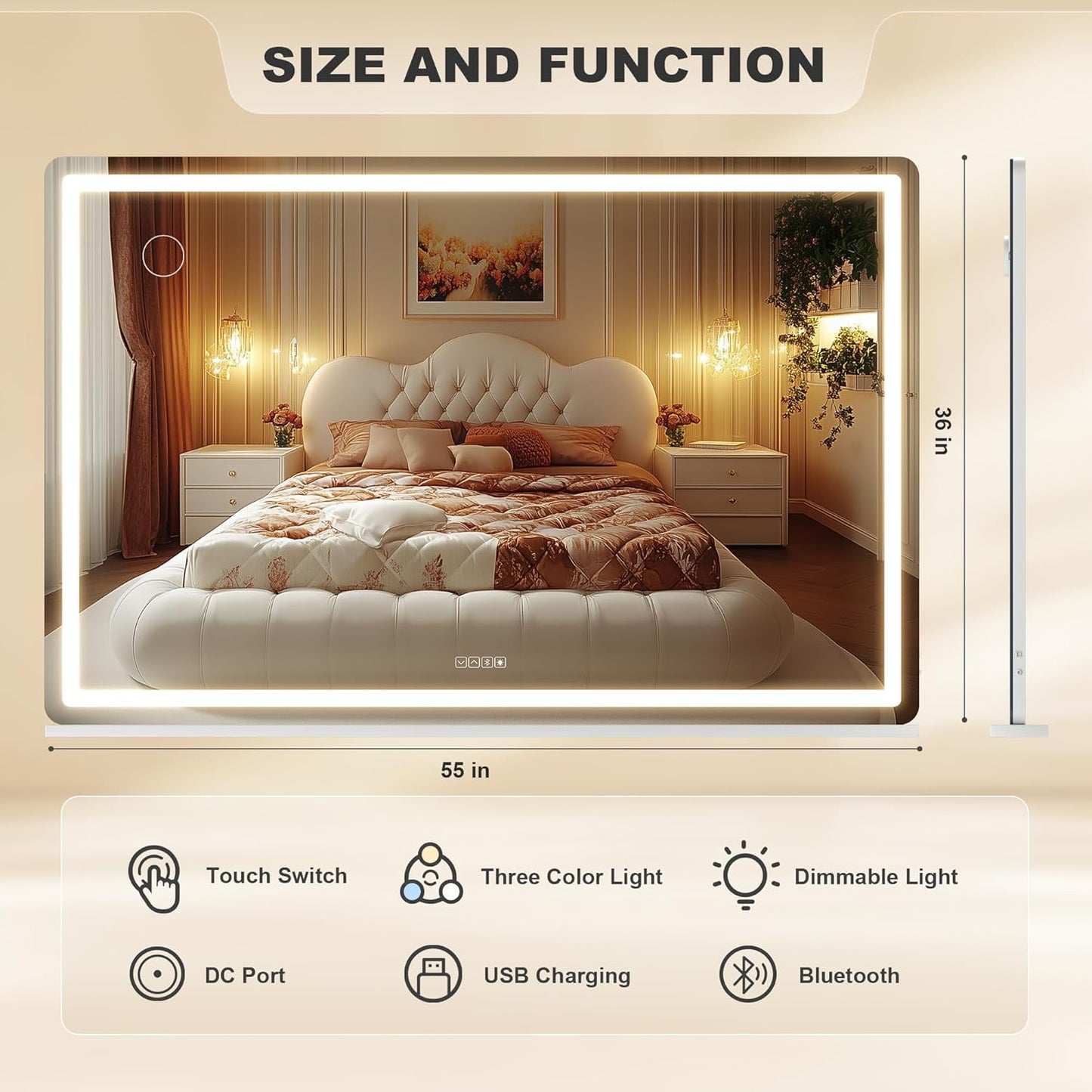 Hasipu Vanity Mirror with Lights and Bluetooth Speaker, 55.1" x 35.8" LED Makeup Mirror, Lighted Makeup Mirror with Dimmable 3 Modes, Touch Screen Control Vanity Mirror Round White