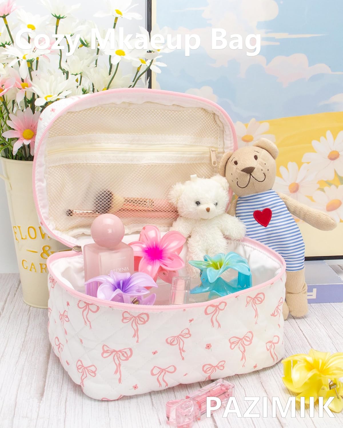 Quilted Makeup Bag Large Travel Zipper Soft Cosmetic Case for Women Girls Make Up,Bow Pink