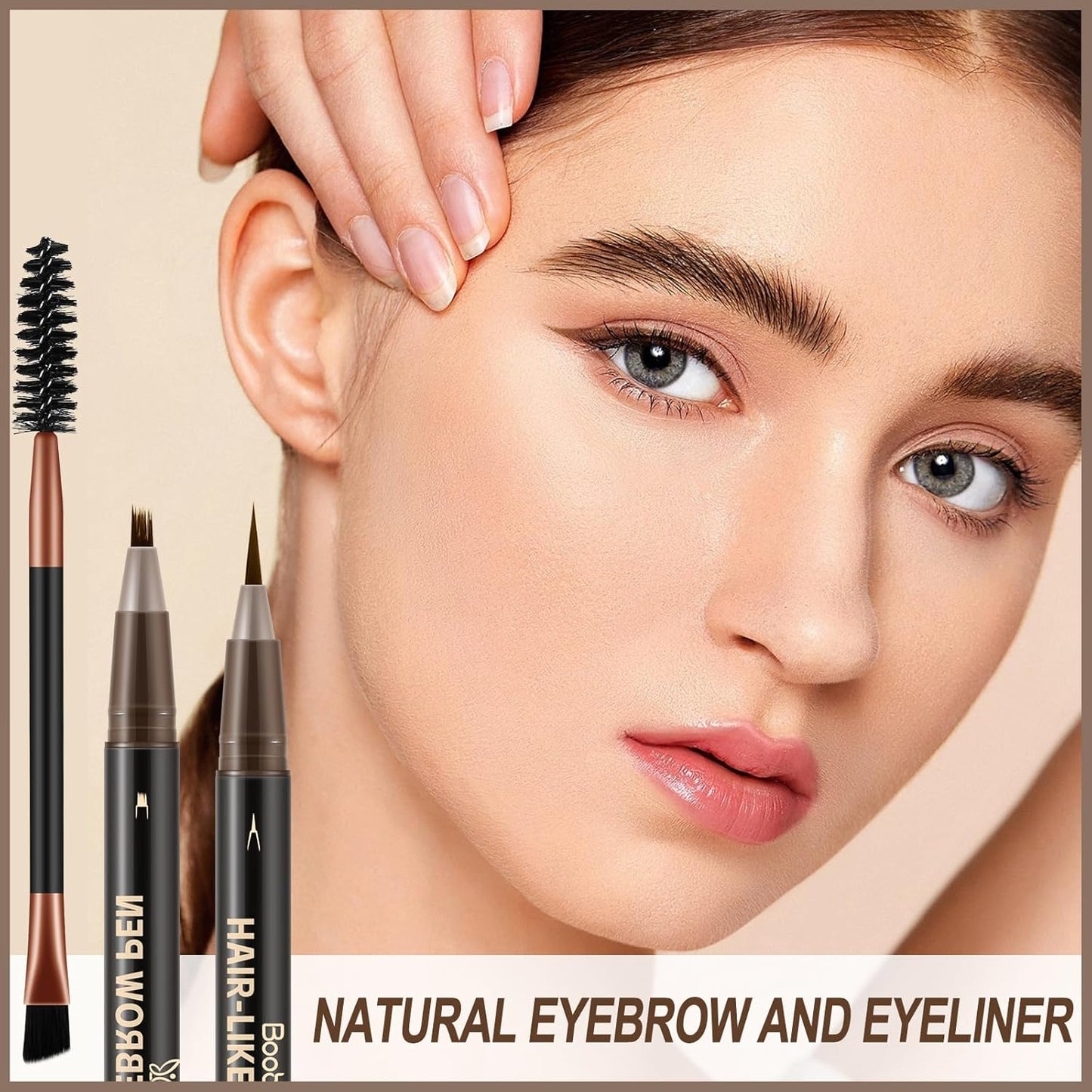 Boobeen 2pcs Waterproof Eyebrow Pen，Dual-Ended Eyeliner Microblading Eyebrow Pencil for Women，Long Lasting Hair-Like Brow Pen with Brow Brush，Dark Brown