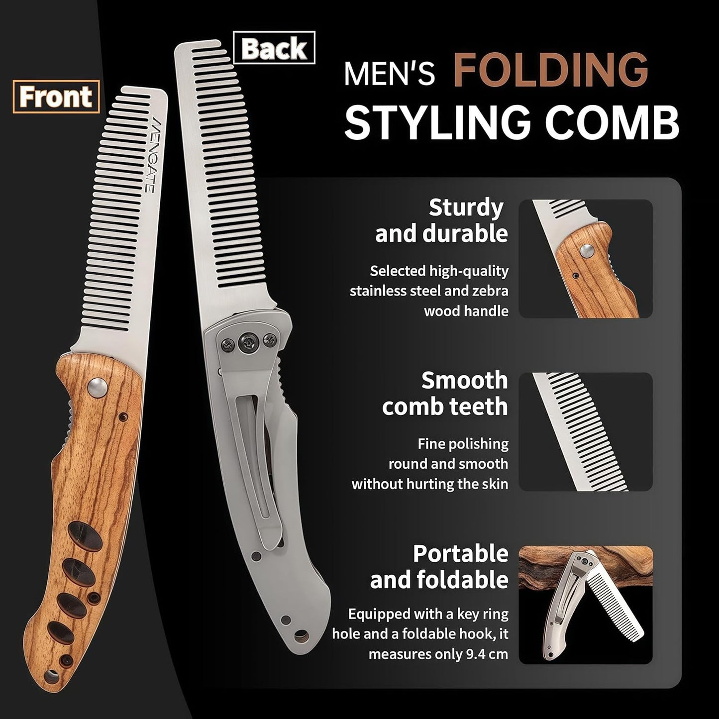 1PC Folding Pocket Beard & Hair Comb for Men - Stainless Steel Tactical Grooming Tool with Wooden Handle, EDC Pocket Comb with 180° Rotatable for Travel & Daily Styling