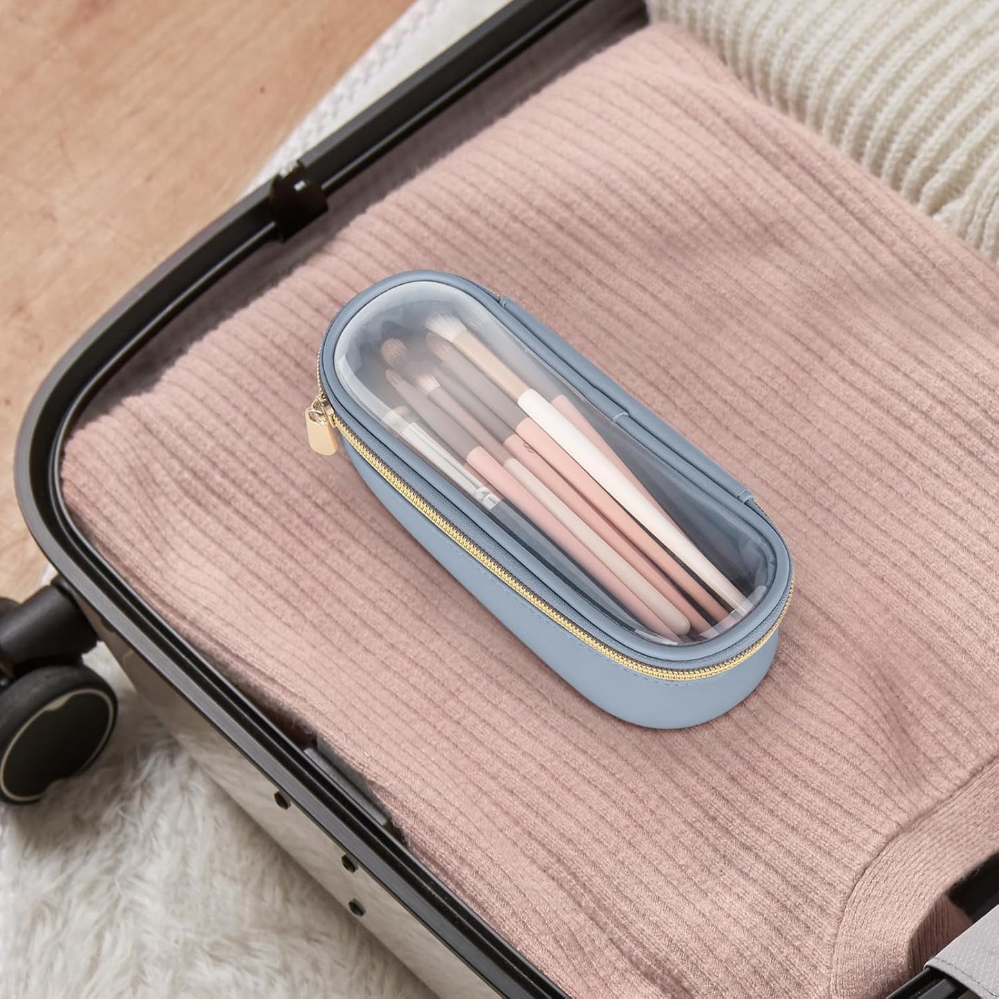 Clear Travel Makeup Brush Holder, Leather Makeup Brush Toiletry Bag, Portable Cosmetic Brush Case, Transparent Waterproof Makeup Brush Storage Bag, Blue