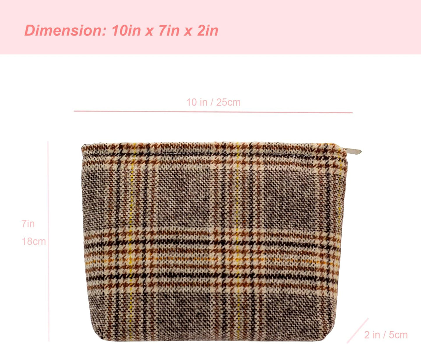 Makeup Bags for Purse Zipper Cosmetic Pouch Large Travel Canvas Make Up Organizer Tool Pouch for Women and Girls,Plaid Brown